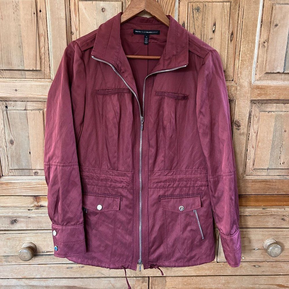 White House Black Market WHBM Size 4 Maroon Red Jacket Full Zip Pockets‎ Cinched